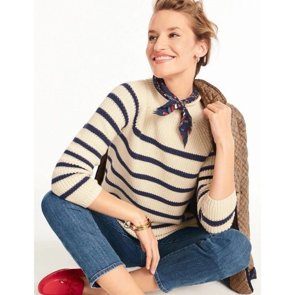 Talbots Cotton Shaker Stitch Roll Neck Sweater White/Navy Blue Stripe Medium NWT